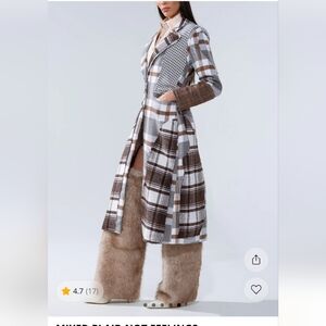 AKIRA Plaid Patchwork Coat - Gray, Brown, White